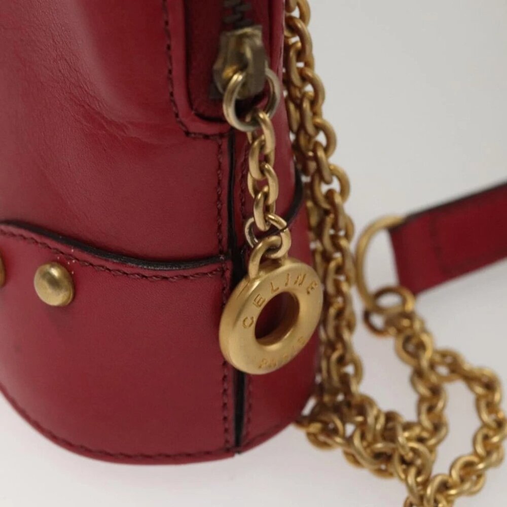CELINE Chain Shoulder Bag Leather Red Gold Auth 118372 - Picture 14 of 16